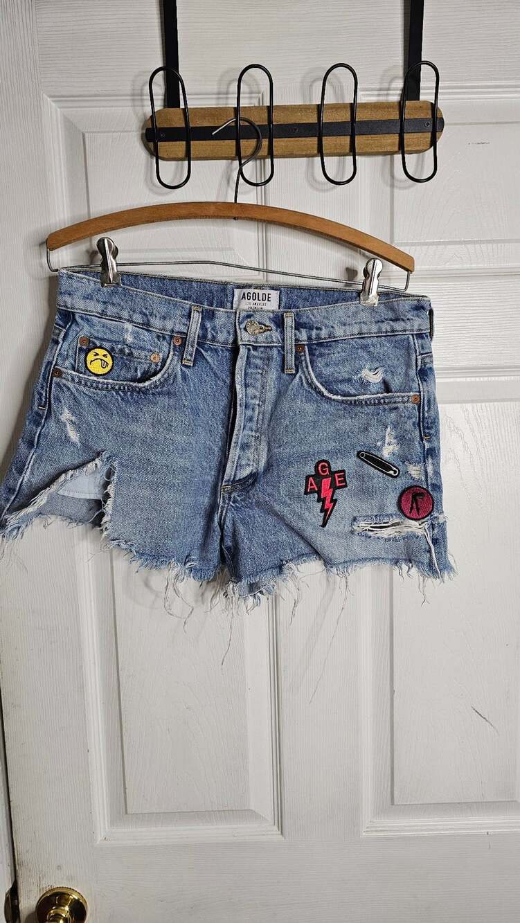 AGOLDE Parker Vintage Cut-Off Denim Shorts with Custom Patches